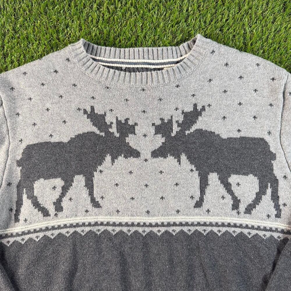Vtg Weatherproof Gray & Black Nordic Moose Sweater Medium Fair Isle Outdoors Y2K